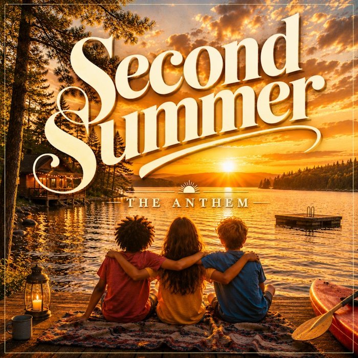 Second Summer: The Anthem cover art, three kids sitting together on a dock at sunset